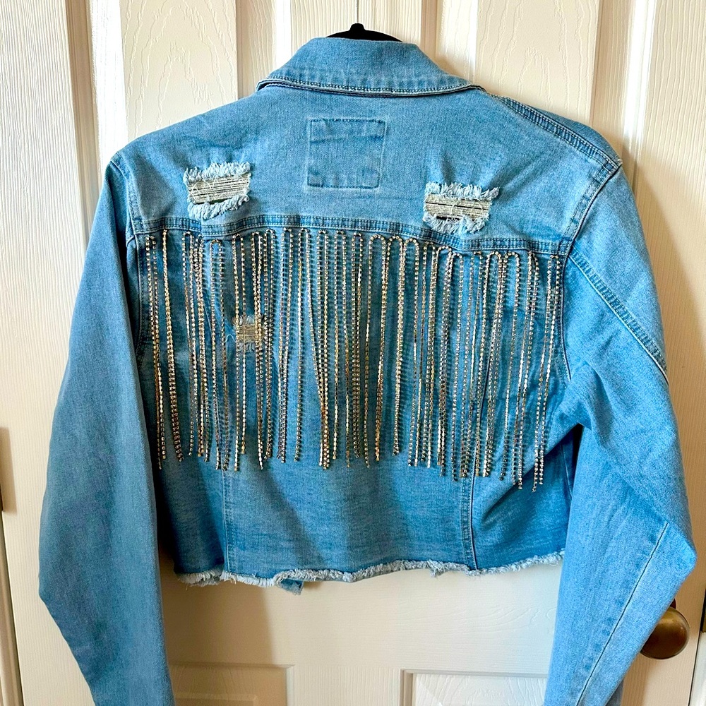 NWT Cropped Jean Jacket with Rhinestone Tassels
